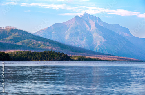 Glacier National Park's Lake McDonald in Montana, USA. Late afternoon in early September. View of Rocky Point, Mount Cannon, and Mount Brown from Fish Creek campground. photo