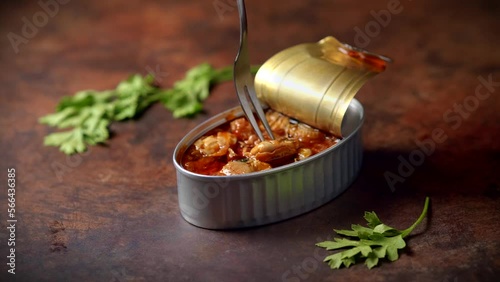 Hand with a fork picking up canned scallops on a dark blue table with parsley. Ready to eat.