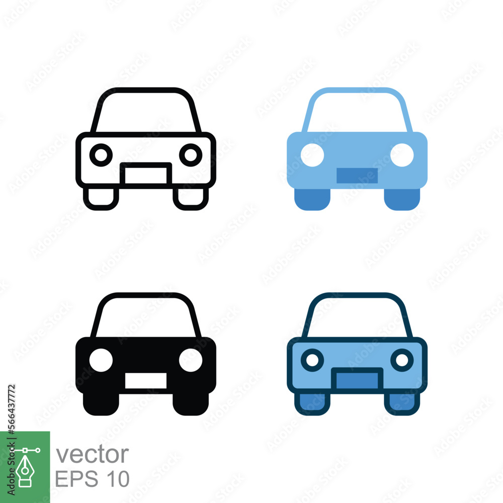 Car front icon in different style. Colored and black color car front view vector icons designed in filled outline, line, glyph and solid style. Vector illustration isolated on white background. EPS 10