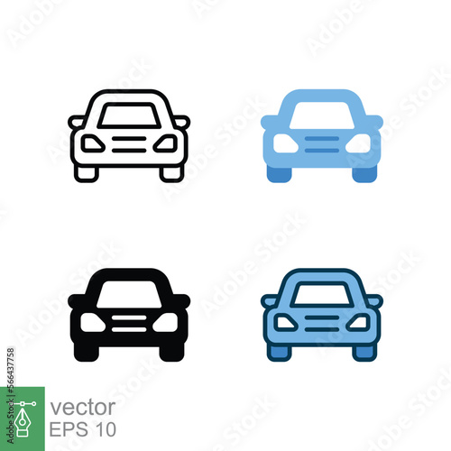 Car front icon in different style. Colored and black color car front view vector icons designed in filled outline, line, glyph and solid style. Vector illustration isolated on white background. EPS 10