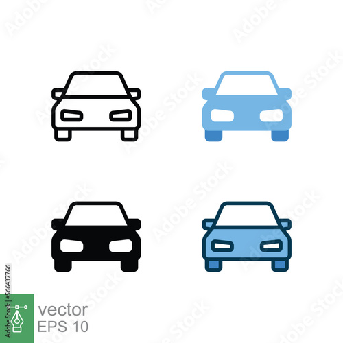 Car front icon in different style. Colored and black color car front view vector icons designed in filled outline, line, glyph and solid style. Vector illustration isolated on white background. EPS 10