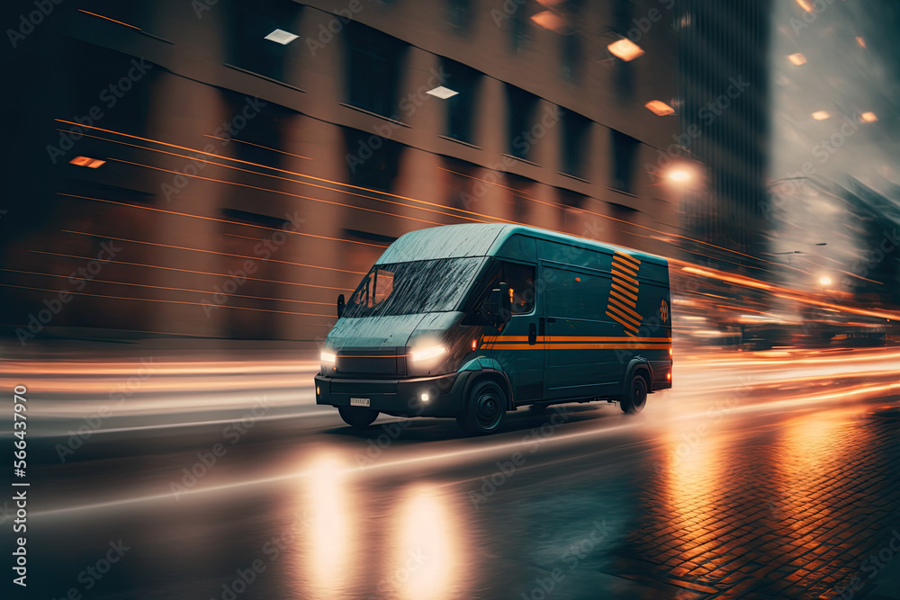 A fast and modern courier truck rushing through the city streets, delivering packages to business and homes, generative ai
