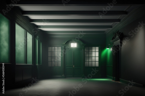 Dark empty large room, dim light, green tint, mist, background
