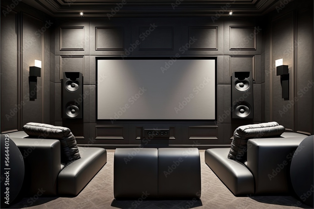 Luxury home theater with plush leather recliners, a large projection screen, and a modern sound system. Generative AI