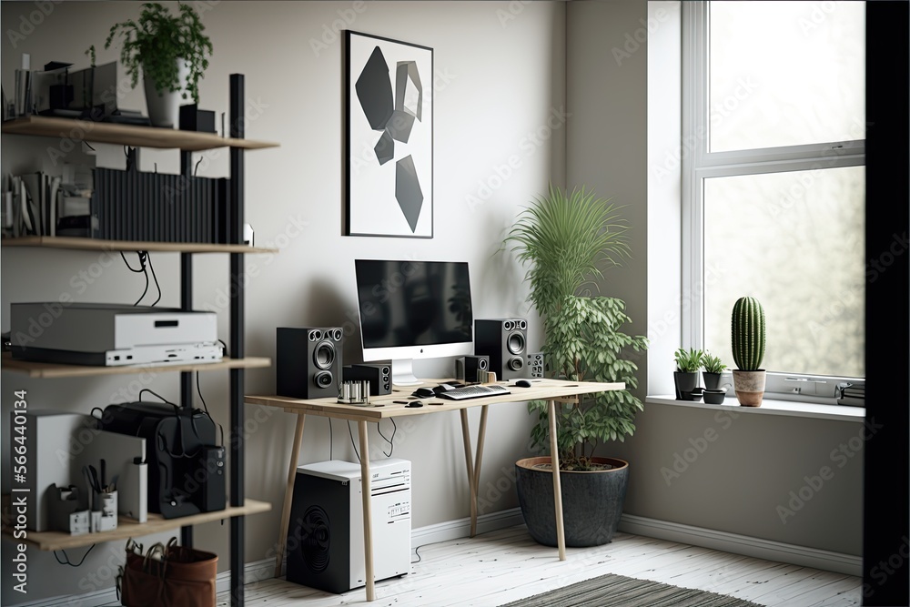 Fototapeta premium Minimalist home office with a large standing desk, a variety of office supplies, and a modern sound system. Generative AI