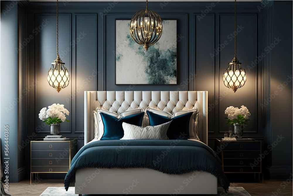 Fototapeta premium Stylish bedroom with a king-sized bed, large nightstands, and statement lighting. generative ai