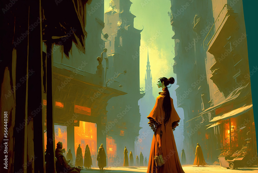 Highborn Woman in the Market Square of an Epic Fantasy City. [SciFi