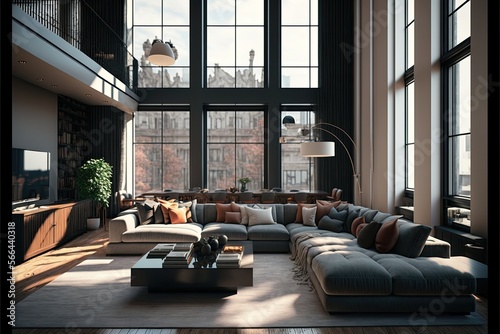 Spacious living room with a large sectional sofa and floor-to-ceiling windows. Generative AI