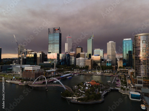Smokey Perth city skyline at sunset - Western Australia