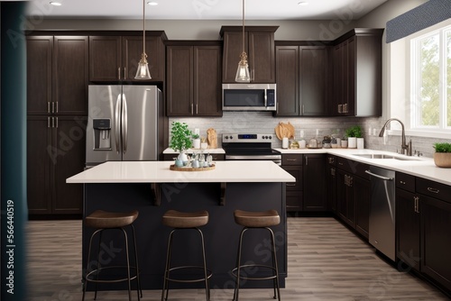 Stylish kitchen with a large island  sleek stainless steel appliances  and a variety of modern accents. Generative ai