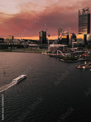 Smokey Perth city skyline at sunset - Western Australia