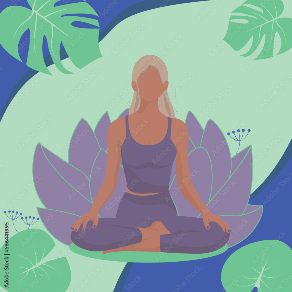 banner yoga and woman in the lotus position on bright background