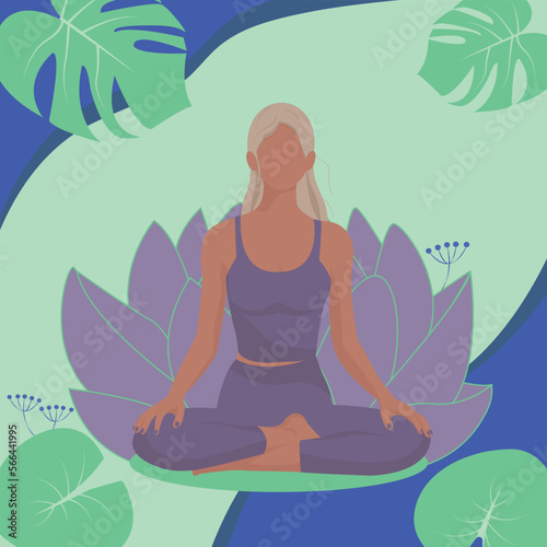 banner yoga and woman in the lotus position on bright background