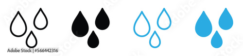 Water drops icon set. Water droplets icon collection. Raindrops sign in outline and flat style. Blue water or oil drop symbol for apps and websites, vector illustration