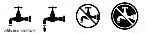 Fauced icons set. Water fauced or tap icon. No water sign. Water flows from the faucet symbol. Drinking water company symbol for apps and websites, vector illustration photo