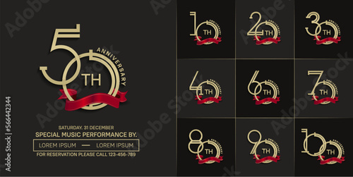 set of anniversary golden color with red ribbon for special celebration event