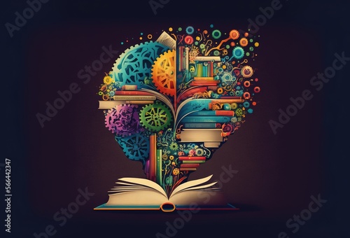 Reading is knowledge concept. Composition of an open book with emerging colorful elements. Generative AI illustration