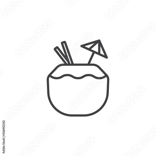 Coconut cocktail line icon. linear style sign for mobile concept and web design. Pina colada with straw and umbrella