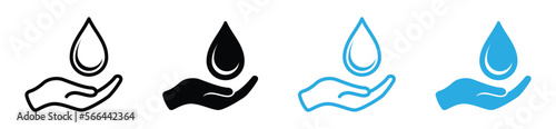 Save water icons set. Hand holding water drops icon. Hand holds blue water drop symbol in outline and flat style for apps and websites, vector illustration