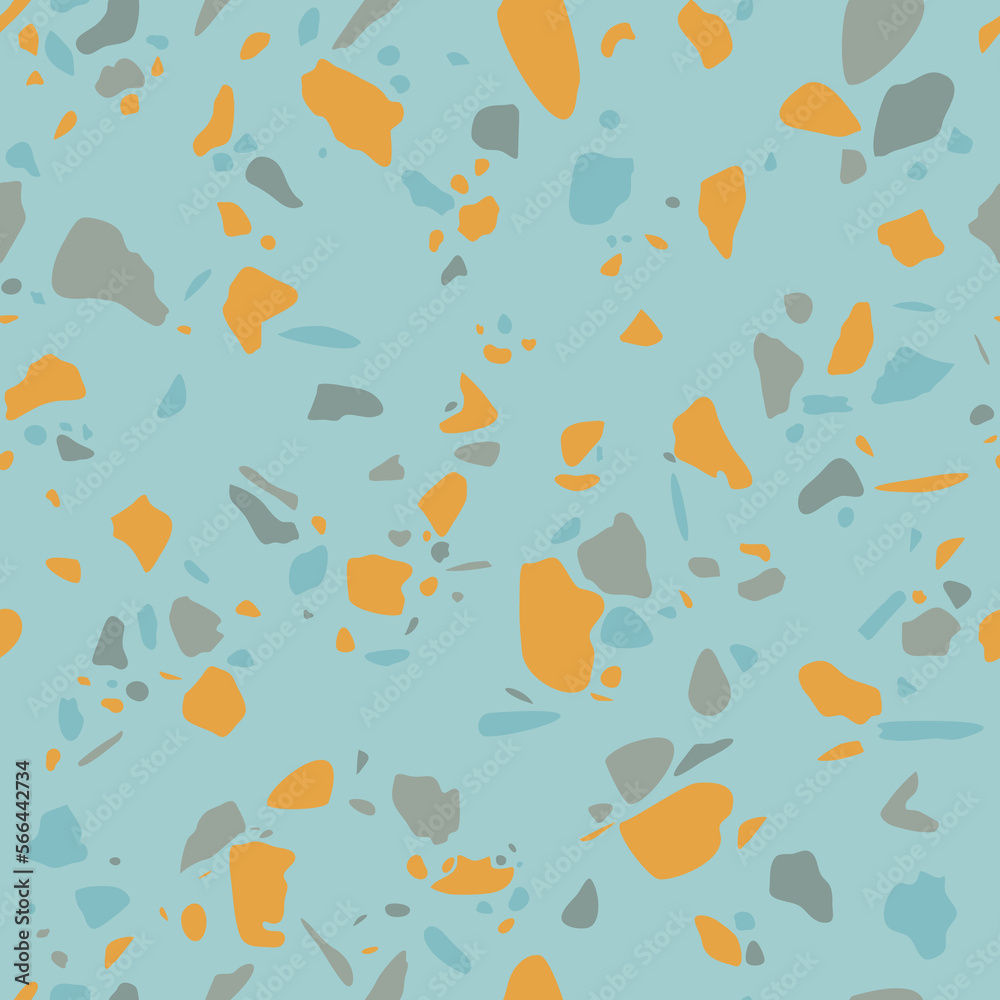 Terrazzo - powtarzalny wzór lastryko w błękitnym kolorze z żółtymi akcentami. Abstrakcyjna tekstura z kolorowych kształtów. Granitowe tło. Ilustracja wektorowa. - obrazy, fototapety, plakaty 