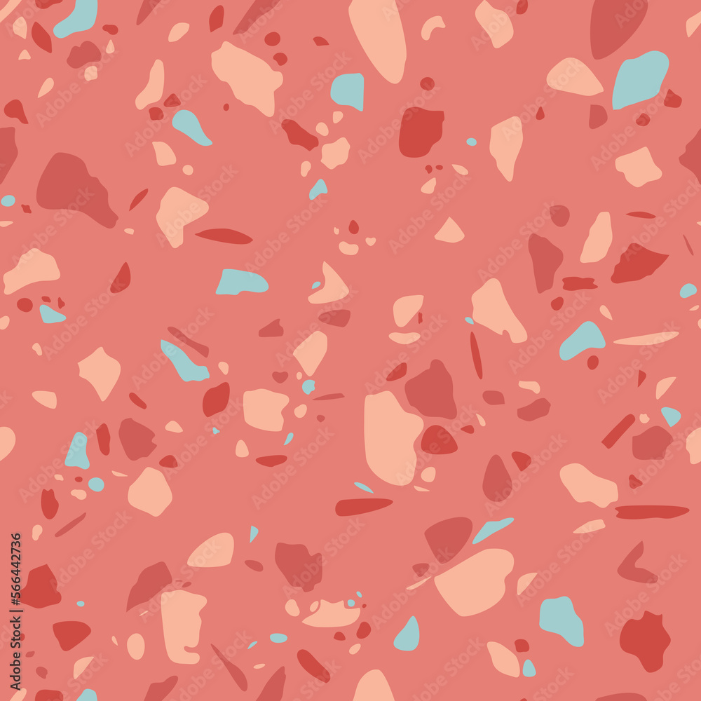 Terrazzo - powtarzalny wzór lastryko w różowym kolorze z błękitnymi akcentami. Abstrakcyjna tekstura z kolorowych kształtów. Granitowe tło. Ilustracja wektorowa. - obrazy, fototapety, plakaty 