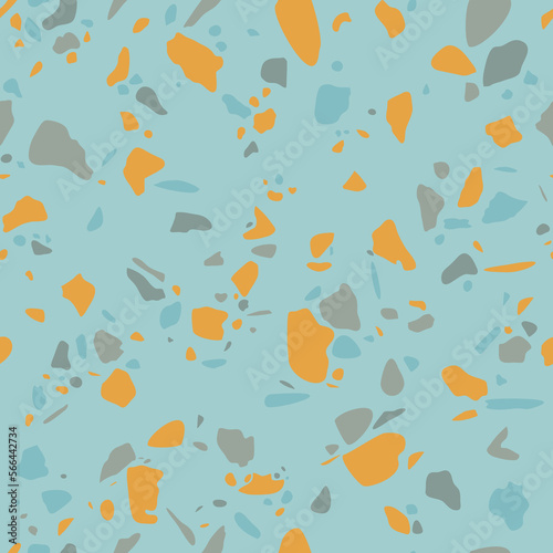 Terrazzo - powtarzalny wzór lastryko w błękitnym kolorze z żółtymi akcentami. Abstrakcyjna tekstura z kolorowych kształtów. Granitowe tło. Ilustracja wektorowa.