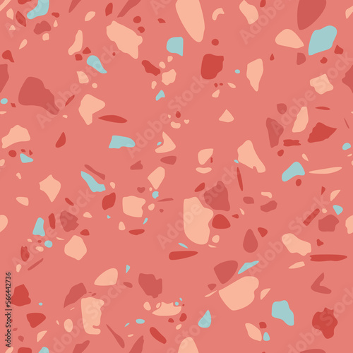 Terrazzo - powtarzalny wzór lastryko w różowym kolorze z błękitnymi akcentami. Abstrakcyjna tekstura z kolorowych kształtów. Granitowe tło. Ilustracja wektorowa.