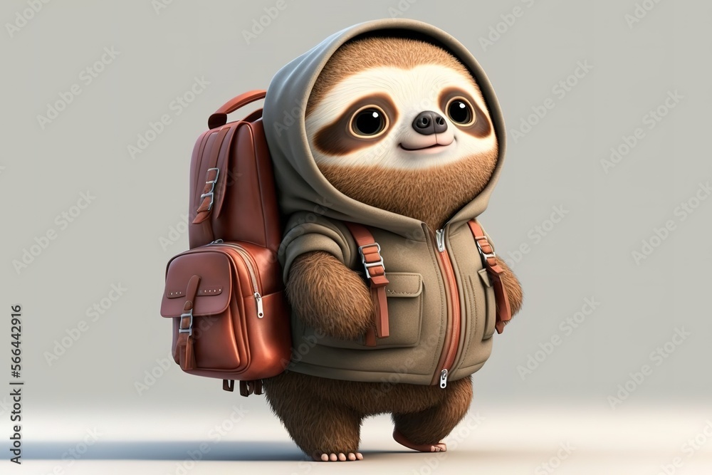 Cute sloth cartoon character with hoodie and backpack. Generative AI illustration - obrazy, fototapety, plakaty 
