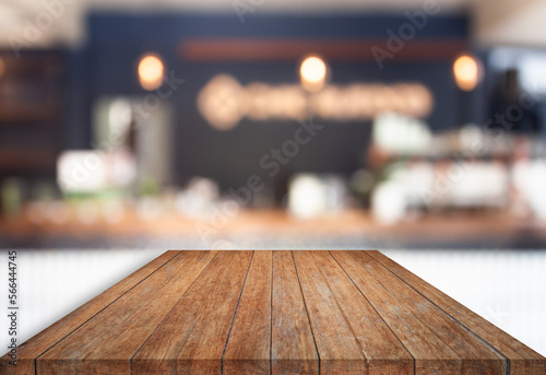 Perspective top wooden with blurred cafe background
