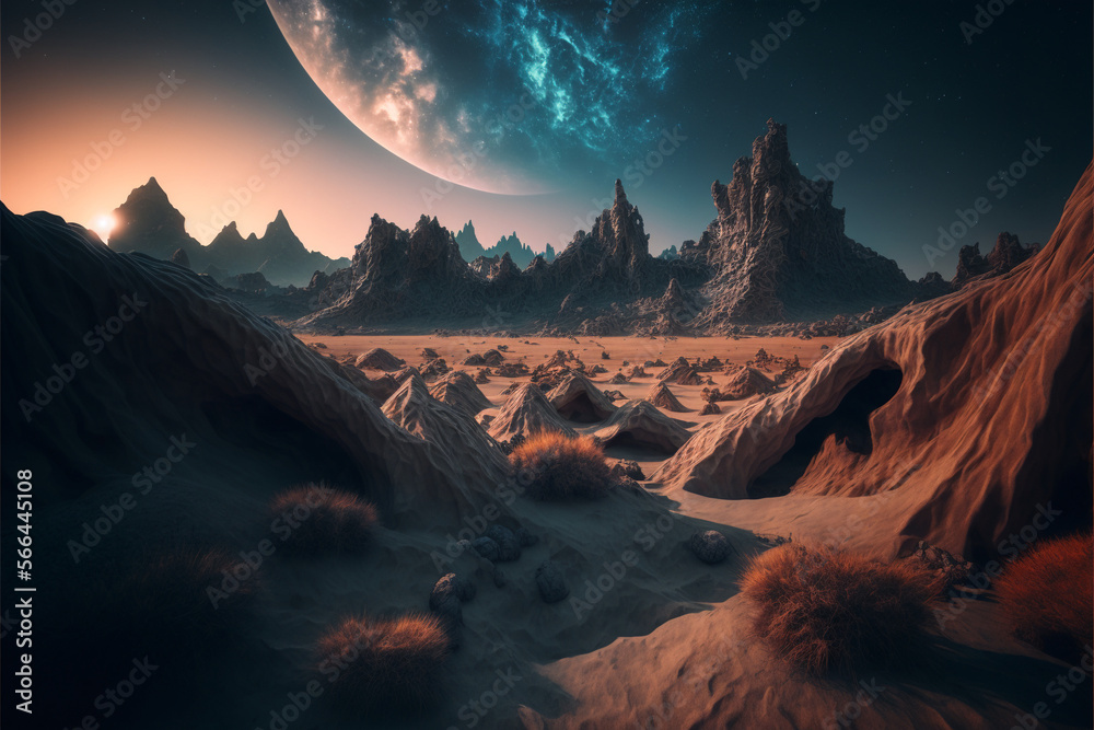 Obraz premium sunrise over the mountains, alien landscape