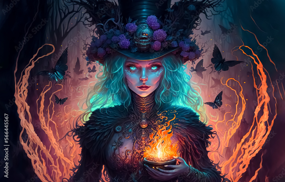 A young beautiful witch, a sorceress in a hat brews a magic potion for a spell. fantasy art. generative ai