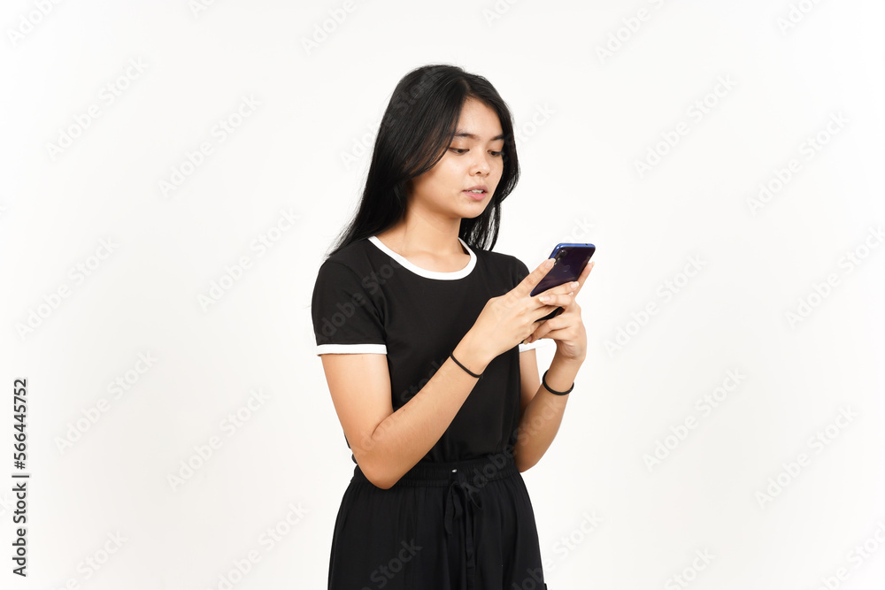 Holding or Using Smartphone Of Beautiful Asian Woman Isolated On White Background Holding or Using Smartphone Of Beautiful Asian Woman Isolated On White Background
