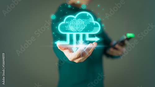 Man holding virtual cloud computing diagram show on hand. Business global internet connection application technology, digital marketing and data storage. Networking and internet service concept.