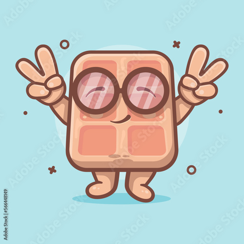 cute belgian waffle food character mascot with peace sign hand gesture isolated cartoon in flat style design
