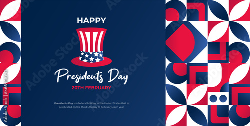 Happy Presidents Day 2023 Invitation Card Design or Social Media Post or Cover Design With Geometric Shapes Art and Uncle Sam's Hat.  George Washington Birthday Graphic Template