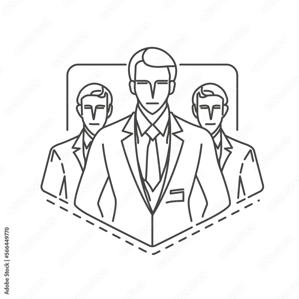 Group of man in formal suits. Vector thin line icon drawing illustration of 3 businessman business team Group of man in formal suits. Vector thin line icon drawing illustration of 3 businessman business team