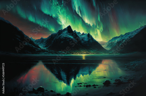 Abstract beautiful Aurora Borealis sky at north of the earth oil paint background. Generative ai. © ant