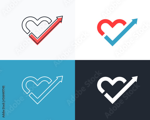 Heart with an arrow pointing up. Vector icon graphic design in 4 different styles. Minimal stylized. Concepts of health, romance or positive brands