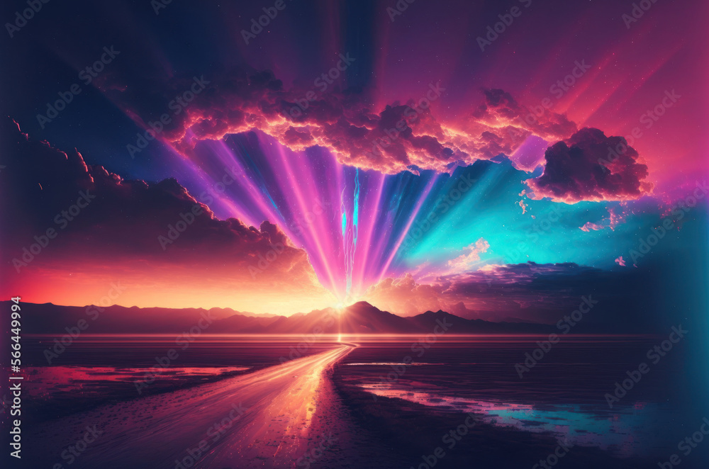 Gradient reflection god rays magic sunset in wonderland landscape neon luminescence drops background. Generative ai.