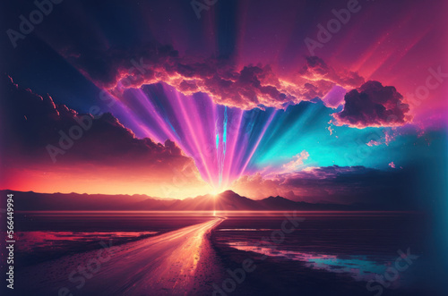 Gradient reflection god rays magic sunset in wonderland landscape neon luminescence drops background. Generative ai. © ant