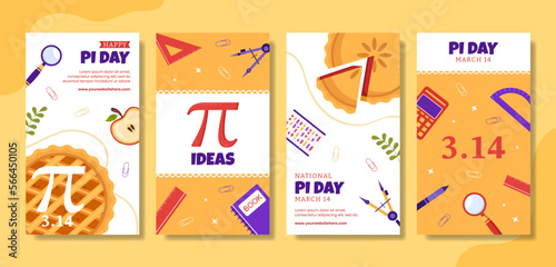 World Pi Day Social Media Stories with Mathematical Constants or Baked Sweet Pie Flat Cartoon Hand Drawn Templates Illustration
