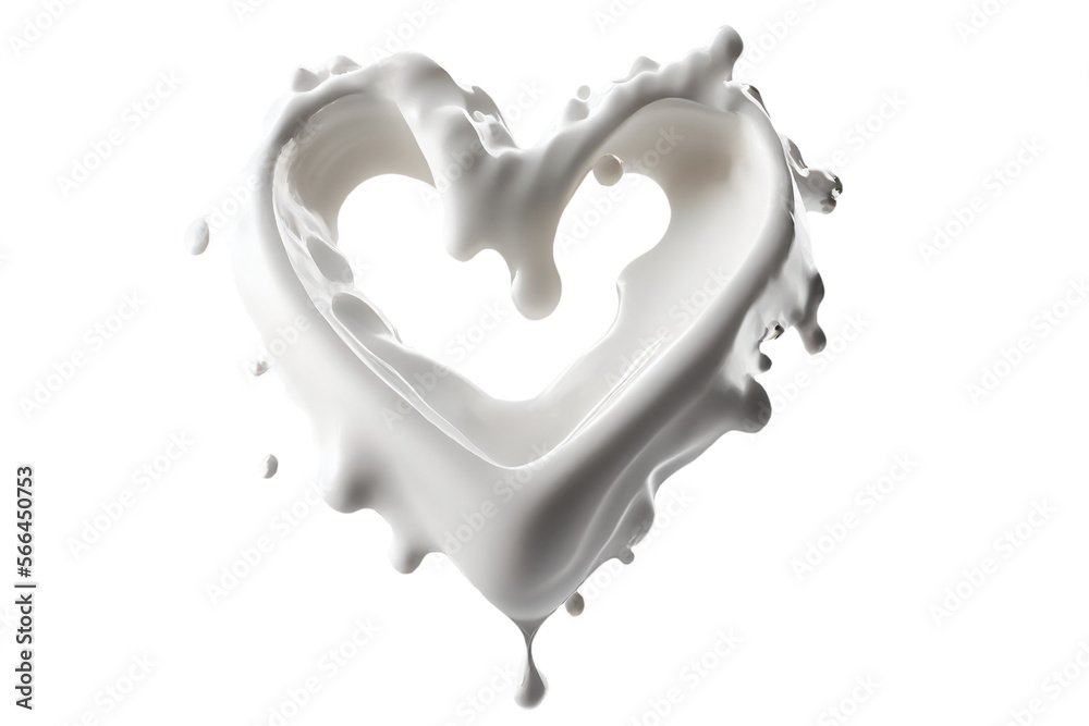 White heart shape milk splash, romantic food symbol for Valentines day, AI generated