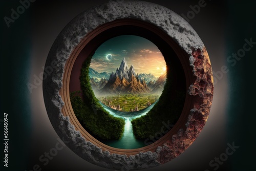 Fantasy world seen through keyhole, digital illustration, Generative AI