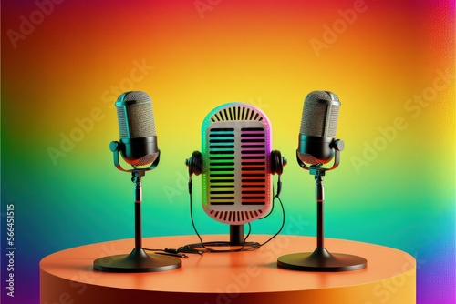 Table with microphones on rainbow background, podcast concept, Generative AI 