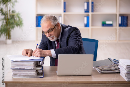 Old male employee sitting at workplace