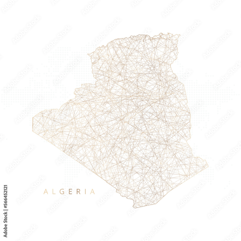 Low poly map of Algeria. Gold polygonal wireframe. Glittering vector with gold particles on white background. Vector illustration eps 10. Low poly map of Algeria. Gold polygonal wireframe. Glittering vector with gold particles on white background. Vector illustration eps 10.