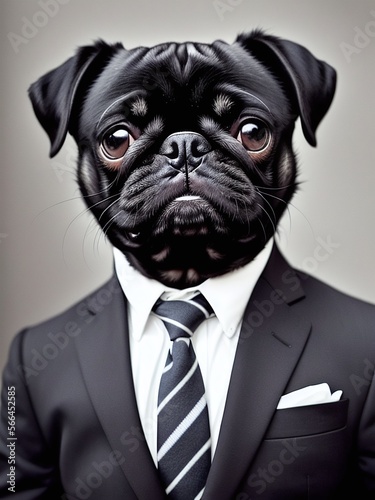 Retrato realista de un perro pug vestido con un esmoquin, IA Generativa © Tyrael