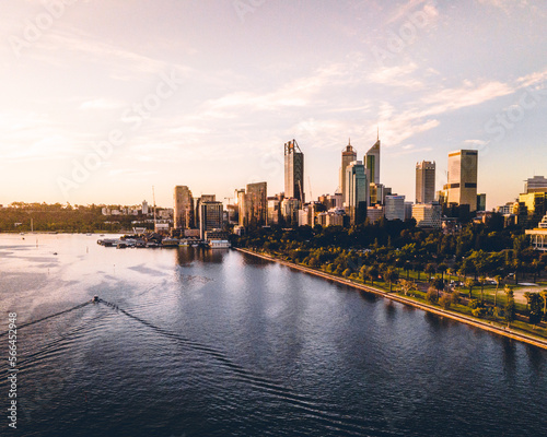 Perth City Skyline from the river at sunset © Drew Davies