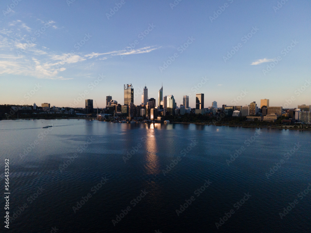 Perth City Skyline from the river at sunset