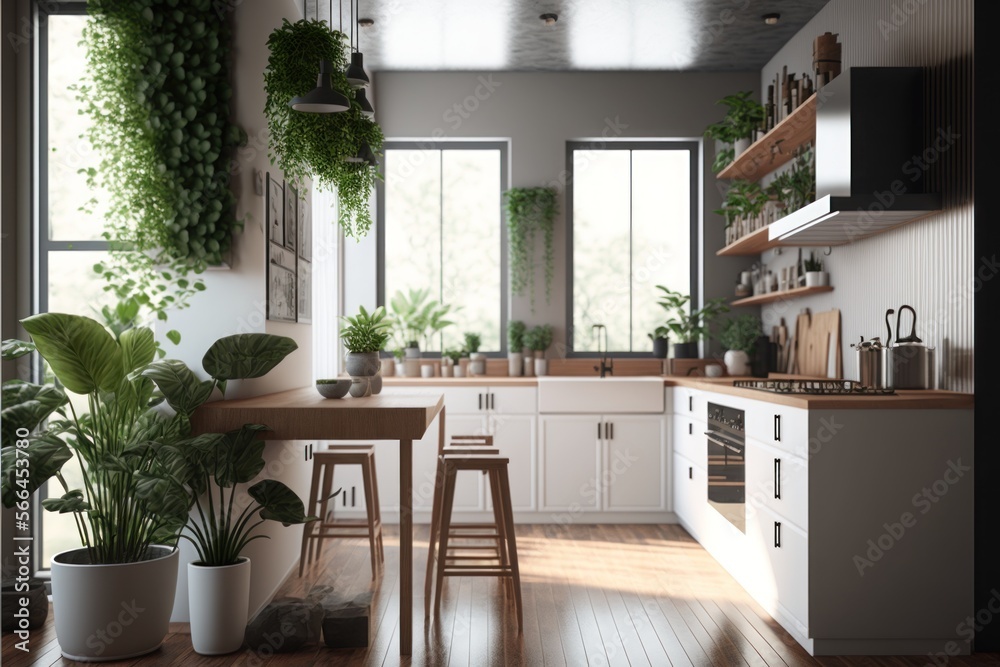 Kitchen Interior Design Minimalistic Chic Series: a monochromatic white palette with warm wood accents, clean lines, and pops of greenery. Generative AI